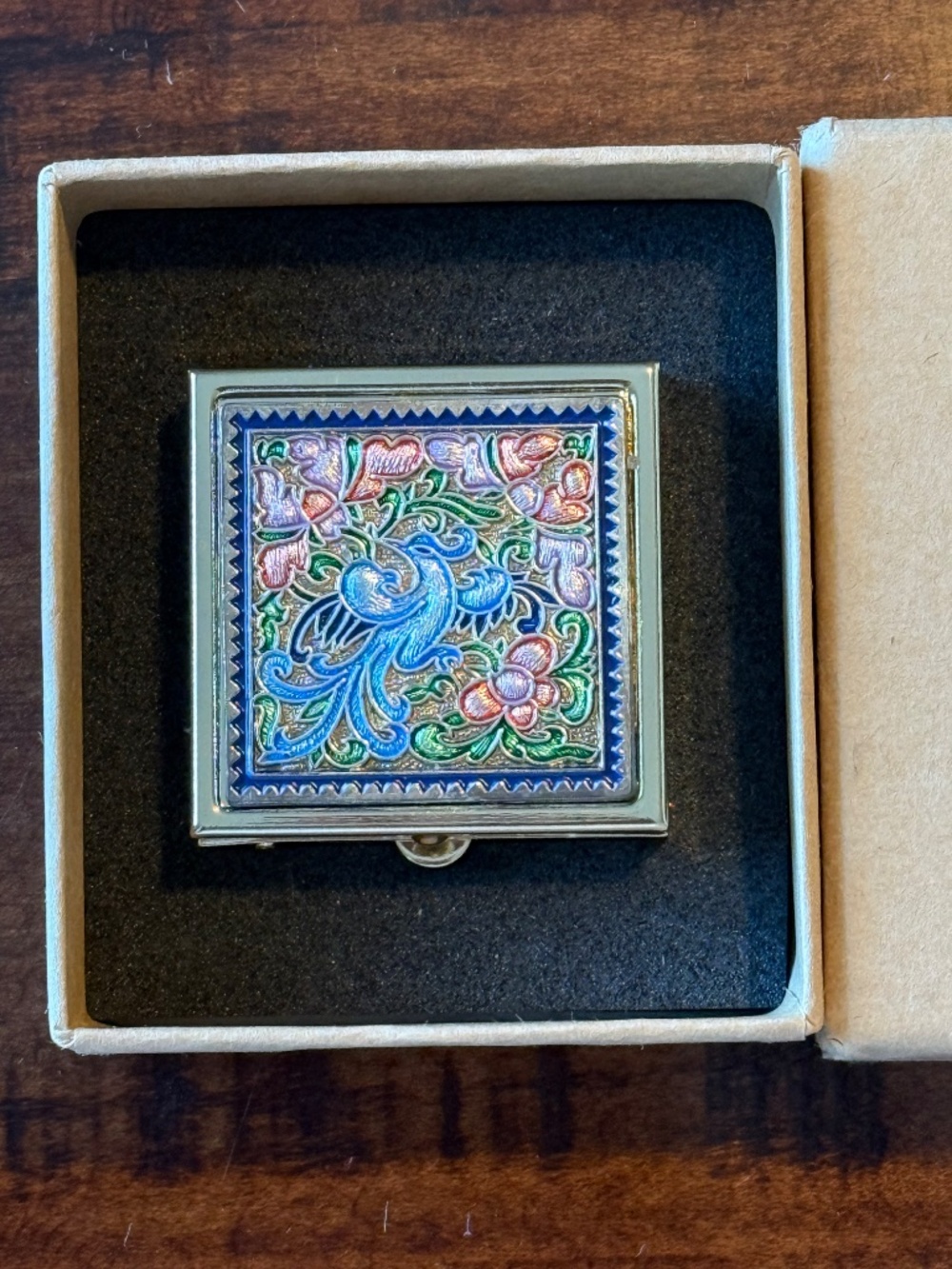 New Cloisonné Enamel Metal Pill Box with Floral Phoenix Design